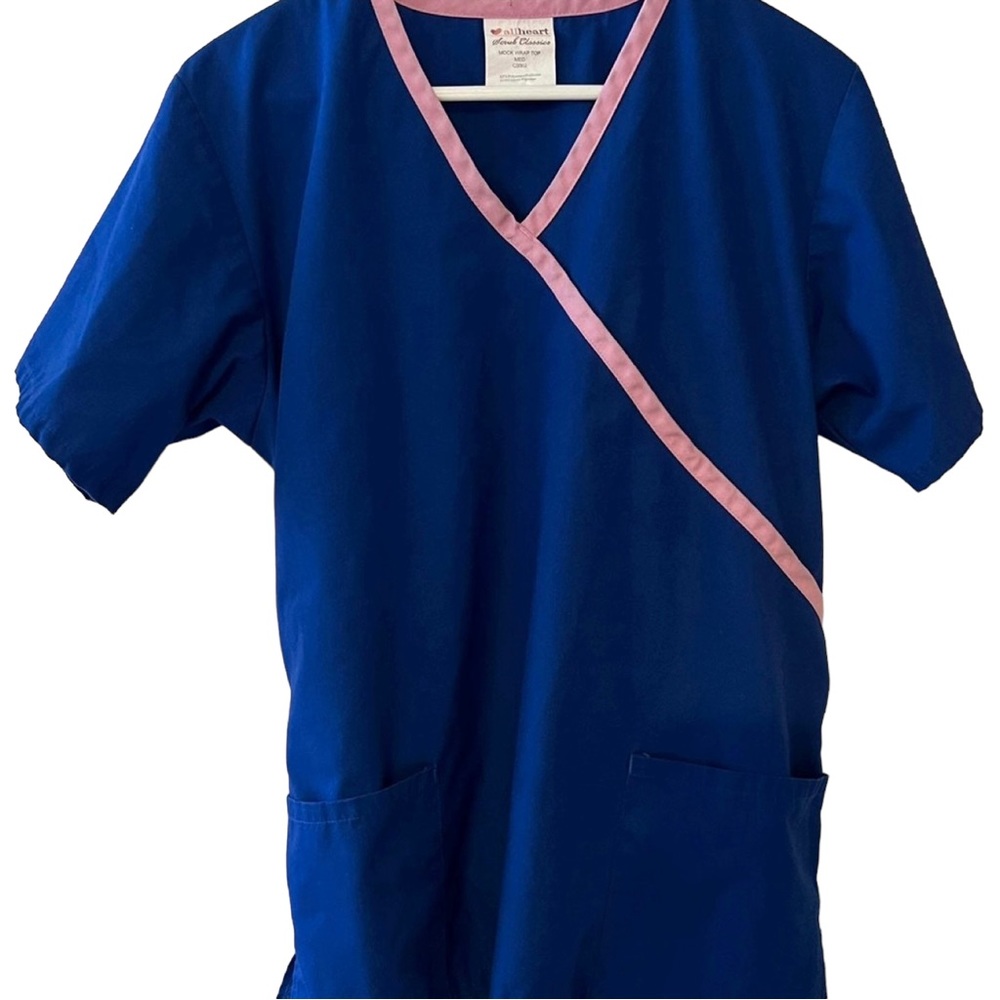 AllHeart Mock Wrap Blue And Pink Scrub Top Size M